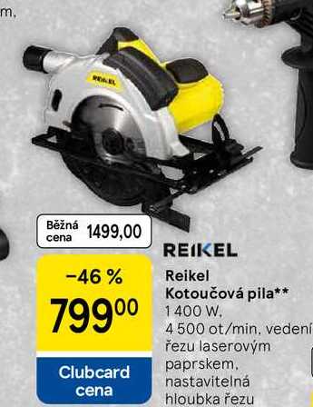 Reikel Kotoučová pila, 1400 W. 4500 ot/min, vedení řezu laserovým paprskem. nastavitelná hloubka řezu 