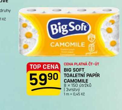 BIG SOFT TOALETNÍ PAPÍR CAMOMILE 8 × 150 útržků | 3vrstvý