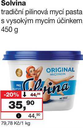 Solvina tradiční pilinová mycí pasta s vysokým mycím účinkem. 450 g