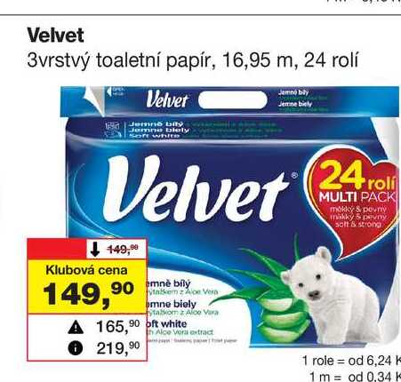 Velvet 3vrstvý toaletní papír, 16,95 m, 24 rolí