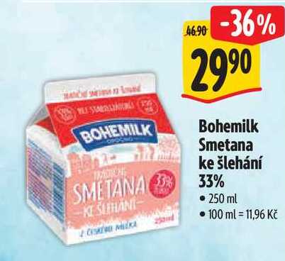 Bohemilk Smetana ke šlehání 33%, 250 ml  v akci