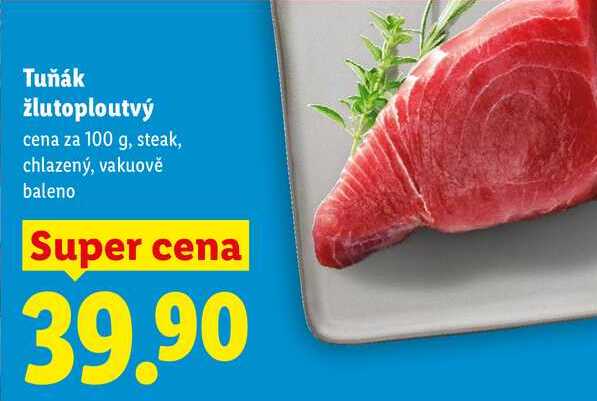 Tuňák žlutoploutvý, cena za 100 g