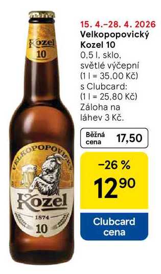 Velkopopovický Kozel 10, 0,5 l, sklo, světlé výčepní  