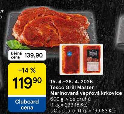 Tesco Grill Master Marinovaná vepřová krkovice, 600 g 