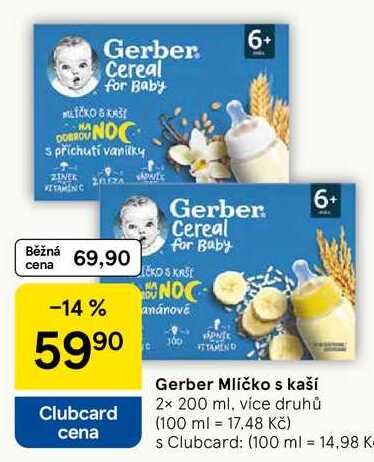 Gerber Mlíčko s kaší 6+, 2x 200 ml, více druhů 