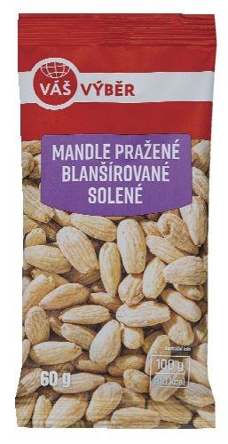 VÁŠ VÝBĚR Mandle pražené blanšírované solené, Mandle pražené solené s uzenou příchutí, 60 g