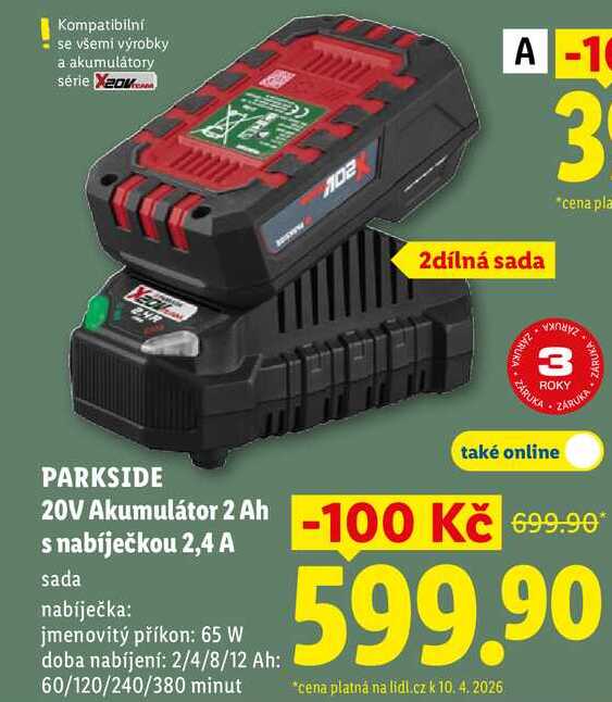 PARKSIDE 20V Akumulátor 2 Ah s nabíječkou 2,4 A 