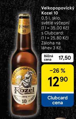 Velkopopovický Kozel 10, 0.5 l, sklo, světlé výčepní  