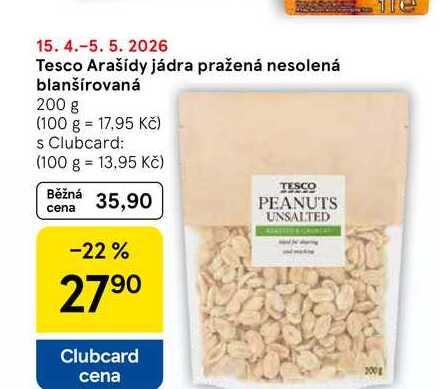Tesco Arašídy jádra pražená nesolená blanšírovaná, 200 g 
