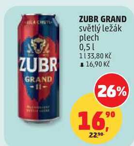 ZUBR GRAND světlý ležák plech, 0,5 l