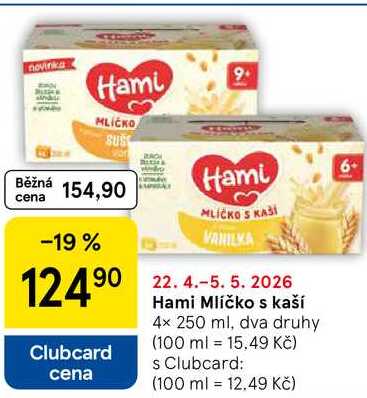 Hami Mlíčko s kaší, 4x 250 ml, dva druhy  