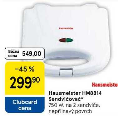 Hausmeister HM8814 Sendvičovač, 750 W. na 2 sendviče, nepřilnavý povrch 