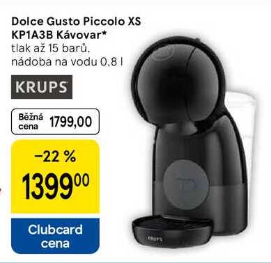 Dolce Gusto Piccolo XS KP1A3B Kávovar, tlak až 15 barů. nádoba na vodu 0,8 l