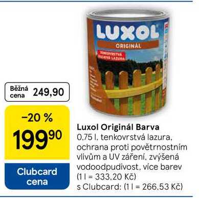 Luxol Originál Barva, 0.75 l, tenkovrstvá lazura, ochrana proti povětrnostním vlivům a UV záření. zvýšená vodoodpudivost 