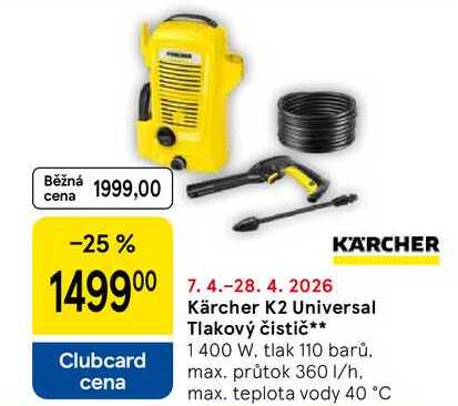 Kärcher K2 Universal Tlakový čistič, 1400 W. tlak 110 barů. max. průtok 360 l/h. max. teplota vody 40 °C 