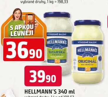 Hellmann's majonéza, tatarská omáčka 340ml, vybrané druhy