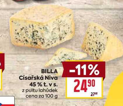 BILLA Císařská Niva 45% t. vs. z pultu lahůdek cena za 100 g  