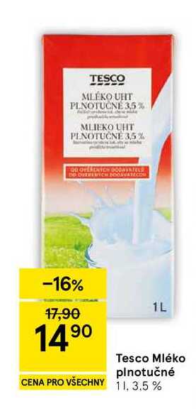 Tesco Mléko plnotučné 3,5 %, 1 l