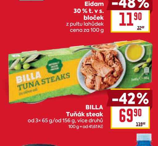 BILLA Tuňák steak od 3× 65 g/od 156 g