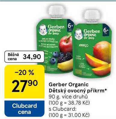 Gerber Organic Dětský ovocný příkrm, 90 g, více druhů  