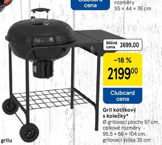 Gril kotlíkový s kolečky, Ø grilovací plochy 57 cm. celkové rozměry 95,5 x 66 x 104 cm. grilovací výška 35 cm 