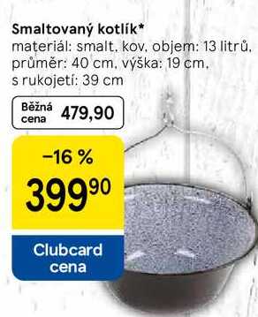 Smaltovaný kotlík, materiál: smalt, kov, objem: 13 litrů. průměr: 40 cm, výška: 19 cm. s rukojetí: 39 cm 