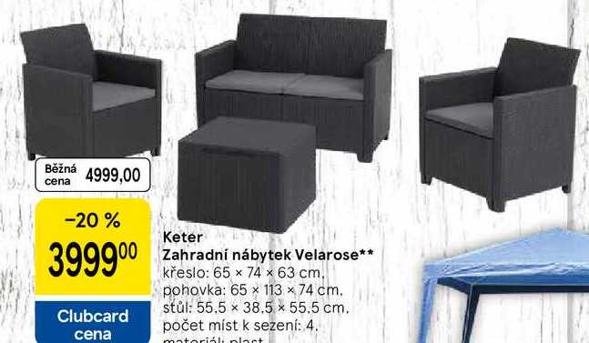 Keter Zahradní nábytek Velarose, křeslo: 65 x 74 x 63 cm. pohovka: 65 x 113 x 74 cm. stůl: 55.5 x 38,5 × 55.5 cm. počet míst k sezení: 4. materiál: plast 