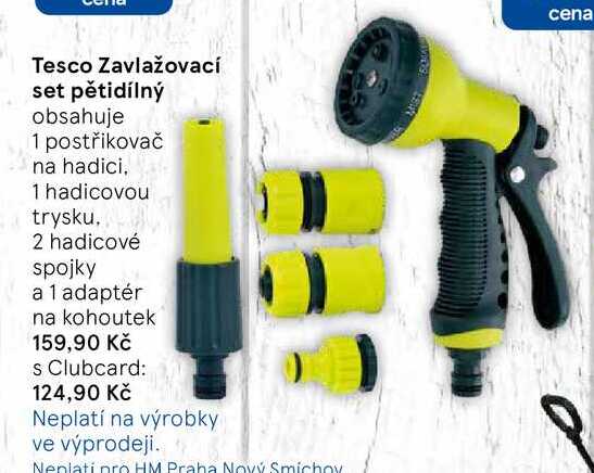 Tesco Zavlažovací set pětidílný, obsahuje 1 postřikovač na hadici. 1 hadicovou trysku. 2 hadicové spojky a 1 adaptér na kohoutek 