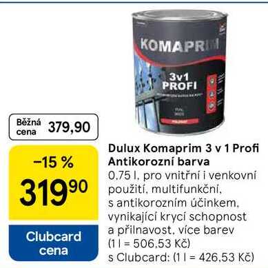 Dulux Komaprim 3 v 1 Profi Antikorozní barva, 0.75 l, pro vnitřní i venkovní použití, multifunkční, s antikorozním účinkem. vynikající krycí schopnost a přilnavost, více barev  
