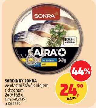 SARDINKY SOKRA ve vlastní šťávě s olejem, s citronem, 240/168 g
