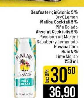 Beefeater gin&tonic 5% Malibu Cocktail 5% Piña Colada Absolut Cocktails 5% Passionfruit Martini Raspberry Lemonade Havana Club Rum 5% Lime Mojito 250 ml 