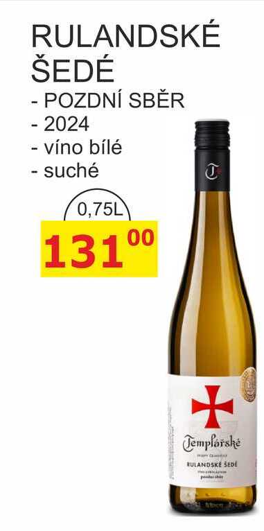 TEMPLÁŘSKÉ SKLEPY ČEJKOVICE 0,75L - RULANDSKÉ ŠEDÉ POZDNÍ SBĚR -2024 - víno bílé suché 