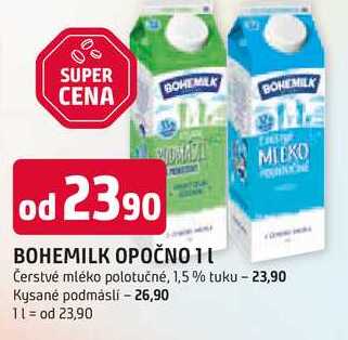 BOHEMILK OPOČNO 1l Čerstvé mléko polotučné, 1,5 % tuku
