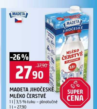 MADETA JIHOČESKĚ MLÉKO ČERSTVÉ 1l 3,5 % tuku plnotučné 
