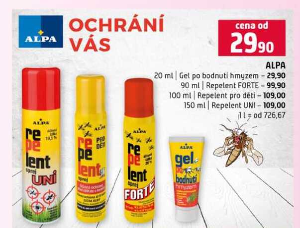 ALPA 20 ml Gel po bodnutí hmyzem 90 ml Repelent FORTE 100 ml Repelent pro děti 150 ml Repelent UNI