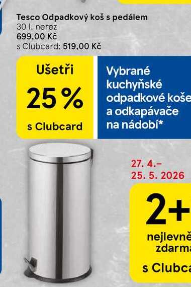Tesco Odpadkový koš s pedálem, 30 l, nerez  