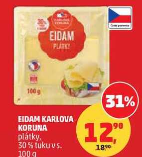EIDAM KARLOVA KORUNA plátky, 30% tuku vs., 100 g