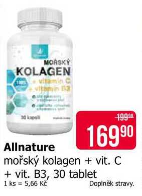 Allnature mořský kolagen + vit. C + vit. B3, 30 tablet 