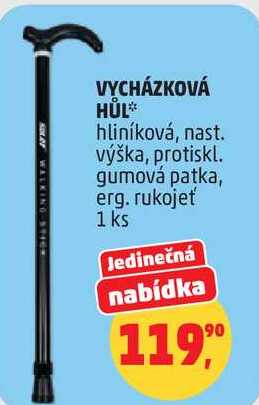 VYCHÁZKOVÁ HÜL, hliníková, nast. výška, protiskl. gumová patka, erg. rukojeť, 1 ks  