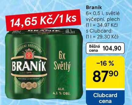 Braník, 6× 0,5 l, světlé výčepní, plech 