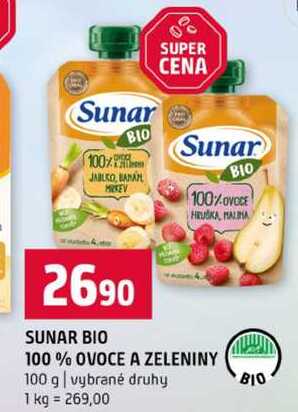 SUNAR BIO 100% OVOCE A ZELENINY 100 g vybrané druhy