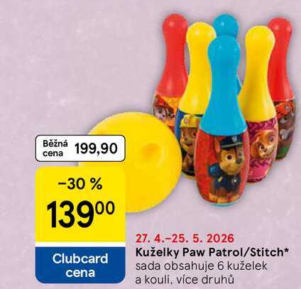 Kuželky Paw Patrol/Stitch, sada obsahuje 6 kuželek a kouli, více druhů