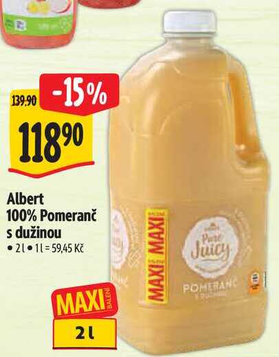 Albert 100% Pomeranč s dužinou, 2 l
