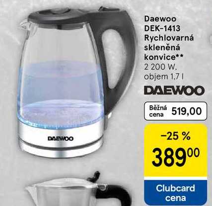 Daewoo DEK-1413 Rychlovarná skleněná konvice, 2 200 W. objem 1,7 l