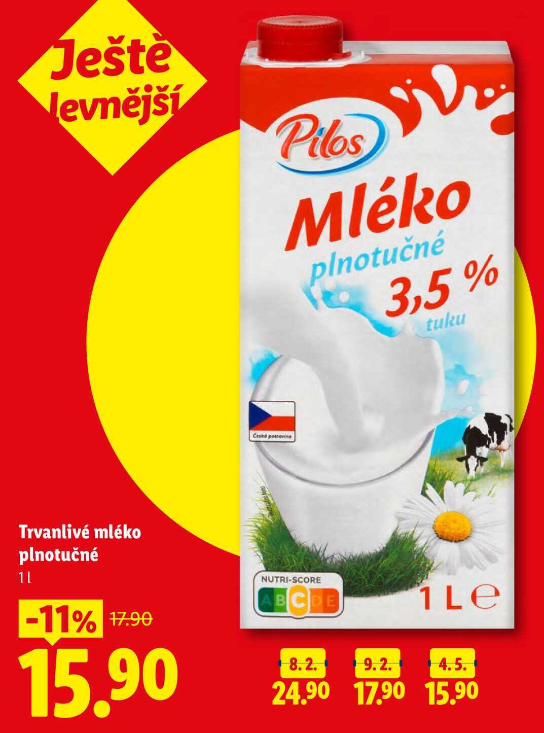 Trvanlivé mléko plnotučné, 1 l
