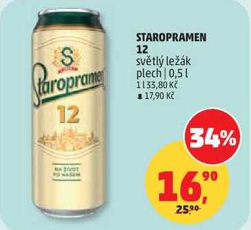 STAROPRAMEN 12 světlý ležák plech, 0,5 nl v akci