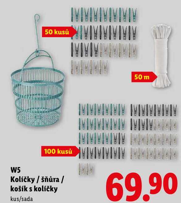 W5 Kolíčky/šňůra/košík s kolíčky