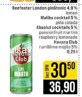 Beefeater London gin&tonic 4.9% lemon Malibu cocktail 5% piña colada Absolut cocktails 5% passionfruit martini raspberry lemonade Havana Club Advang rum&lime mojito 5% 0.25l