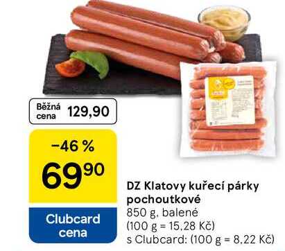 DZ Klatovy kuřecí párky pochoutkové, 850 g, balené 