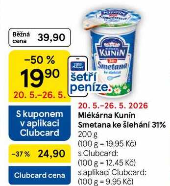 Mlékárna Kunín Smetana ke šlehání 31%, 200 g